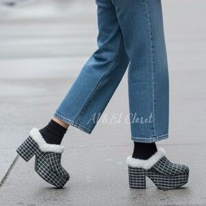 Larroudé Miso Clog Tweed Black Platform Shearling Lined Heels Size 9.5 NWB